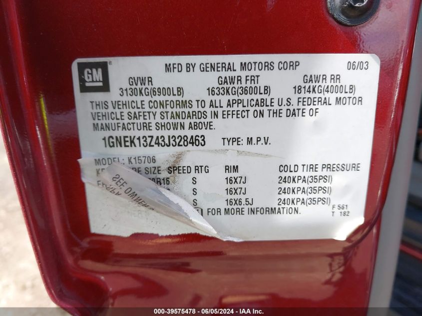 2003 Chevrolet Tahoe Lt VIN: 1GNEK13Z43J328463 Lot: 39575478
