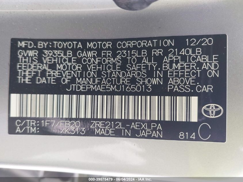 2021 Toyota Corolla Le VIN: JTDEPMAE5MJ165013 Lot: 39575479