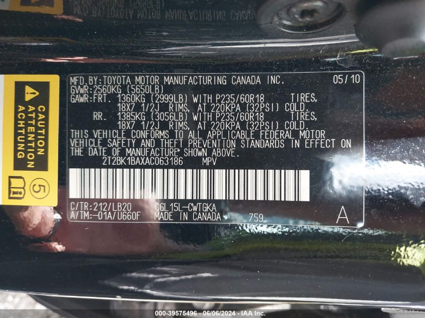 2010 Lexus Rx 350 VIN: 2T2BK1BAXAC063186 Lot: 39575496