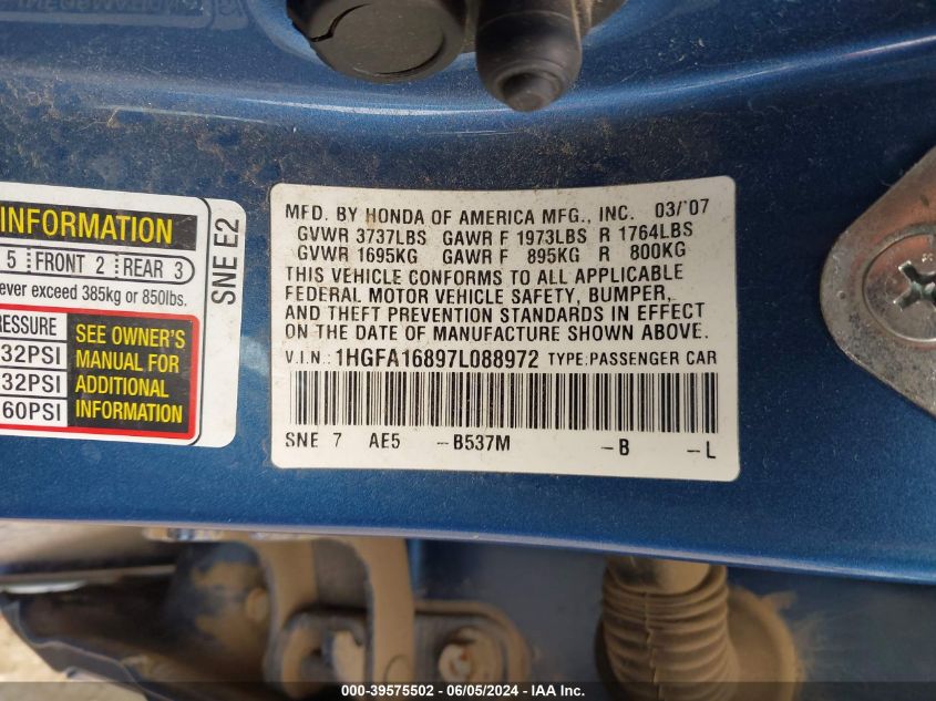 2007 Honda Civic Ex VIN: 1HGFA16897L088972 Lot: 39575502