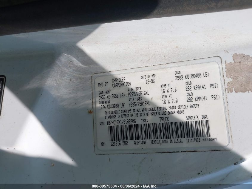 1997 Dodge Ram 1500 Lt/Work Special VIN: 1B7HC16X1VS182906 Lot: 39575504