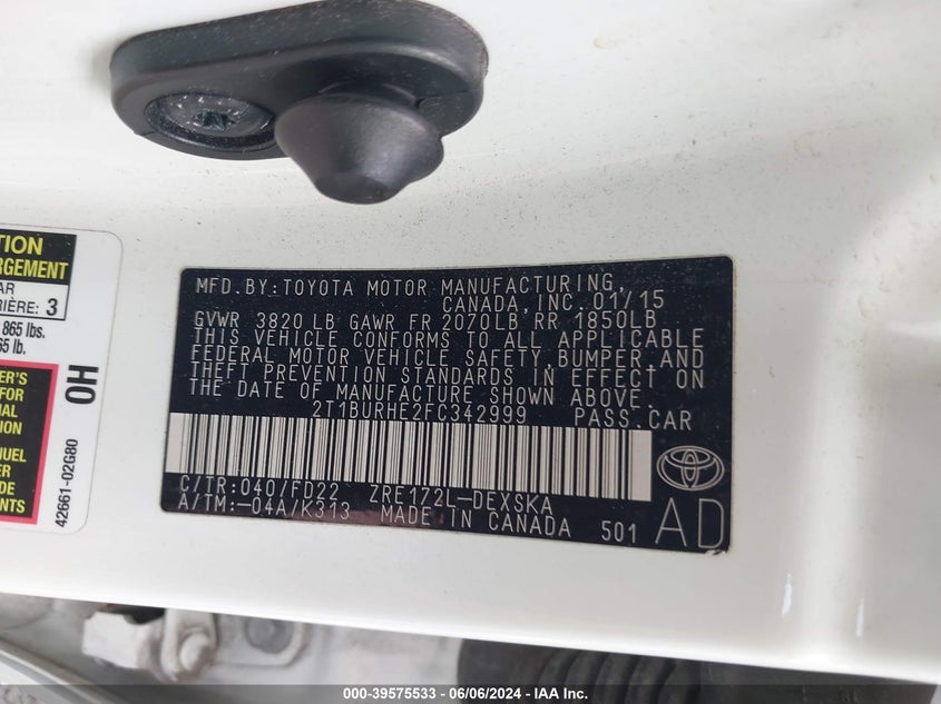 2015 Toyota Corolla S Plus VIN: 2T1BURHE2FC342999 Lot: 39575533