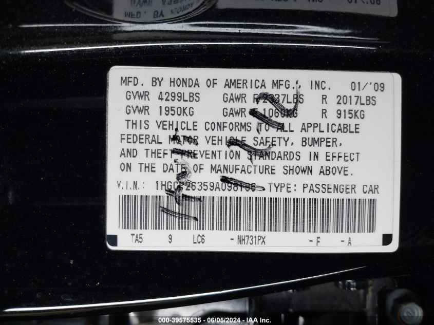 2009 Honda Accord 2.4 Lx VIN: 1HGCP26359A098196 Lot: 39575535