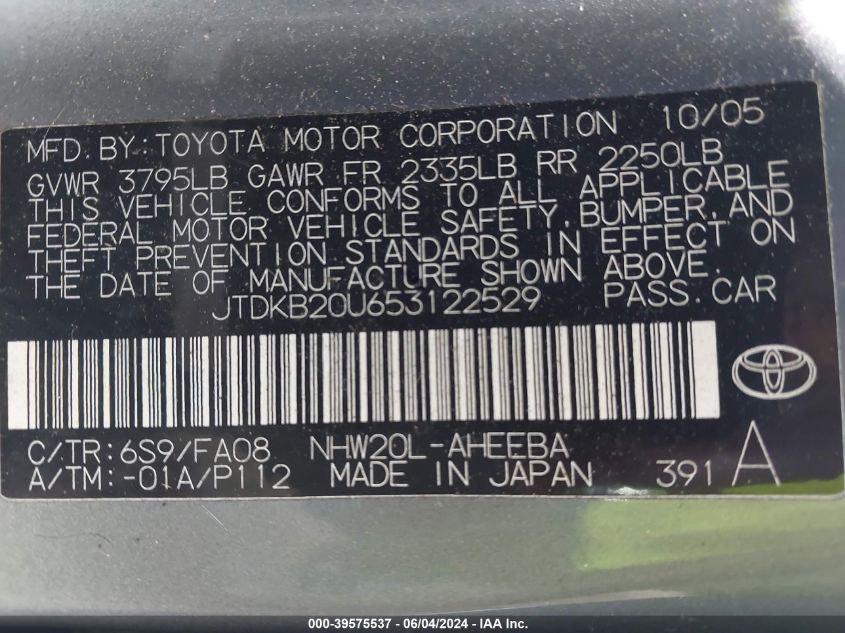 2005 Toyota Prius VIN: JTDKB20U653122529 Lot: 39575537