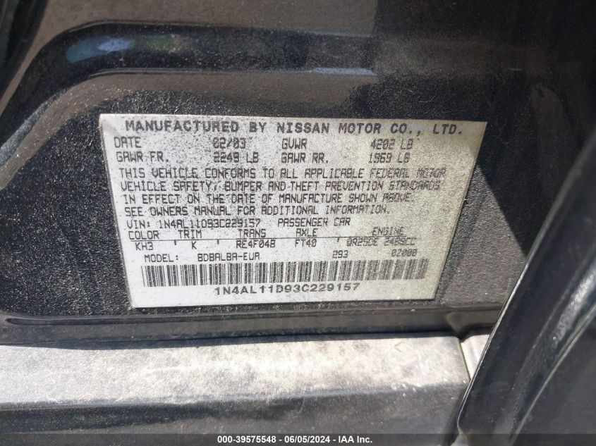 2003 Nissan Altima 2.5 S VIN: 1N4AL11D93C229157 Lot: 39575548