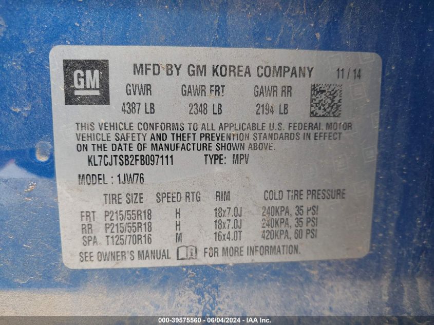 2015 Chevrolet Trax Ltz VIN: KL7CJTSB2FB097111 Lot: 39575560