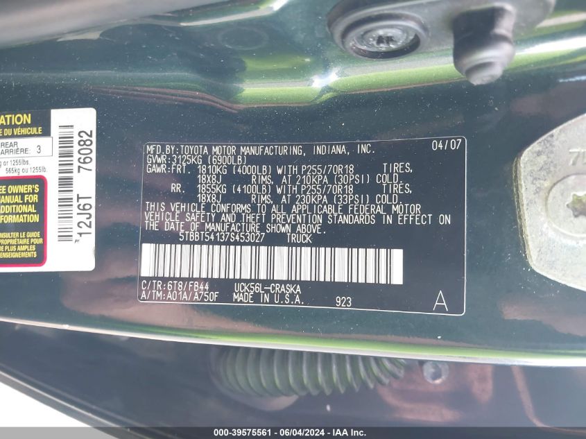 2007 Toyota Tundra Sr5 4.7L V8 VIN: 5TBBT54137S453027 Lot: 39575561