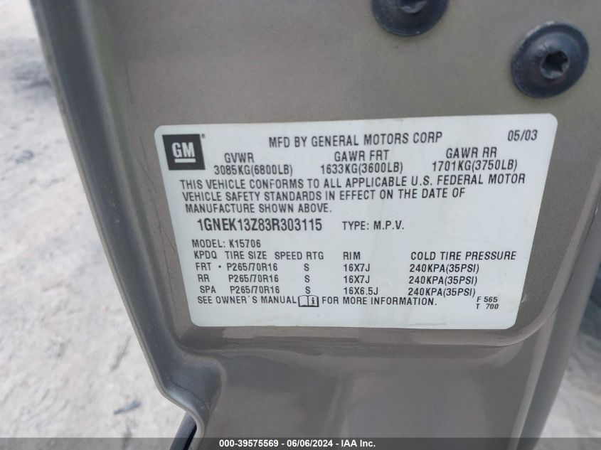2003 Chevrolet Tahoe Ls VIN: 1GNEK13Z83R303115 Lot: 39575569