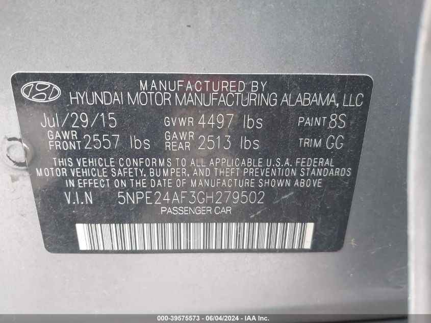 2016 HYUNDAI SONATA SE - 5NPE24AF3GH279502