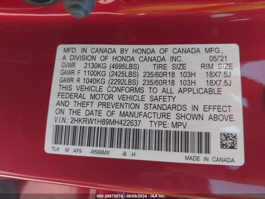 2021 Honda Cr-V Ex-L VIN: 2HKRW1H89MH422637 Lot: 39575574