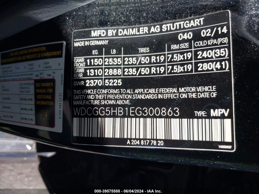 2014 Mercedes-Benz Glk 350 VIN: WDCGG5HB1EG300863 Lot: 39575588