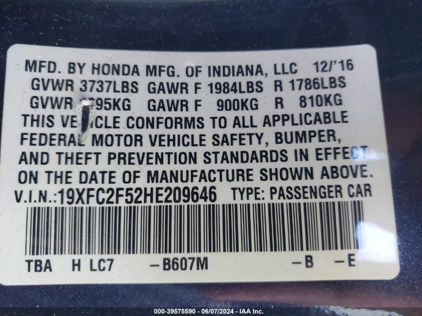 2017 Honda Civic Lx VIN: 19XFC2F52HE209646 Lot: 39575590