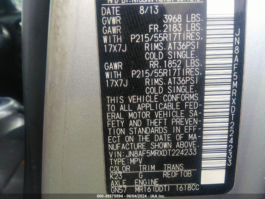 2013 Nissan Juke S VIN: JN8AF5MRXDT224233 Lot: 39575594