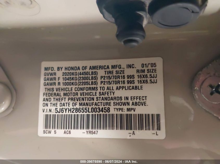 2005 Honda Element Ex VIN: 5J6YH28655L003458 Lot: 39575595