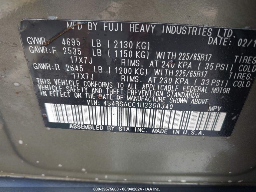 2017 Subaru Outback 2.5I Premium VIN: 4S4BSACC1H3350340 Lot: 39575600