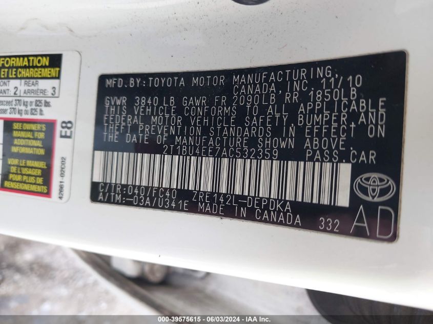 2010 Toyota Corolla Le VIN: 2T1BU4EE7AC532359 Lot: 39575615