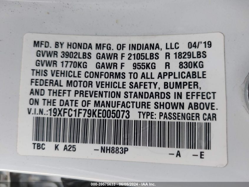 2019 Honda Civic Ex-L VIN: 19XFC1F79KE005073 Lot: 39575633
