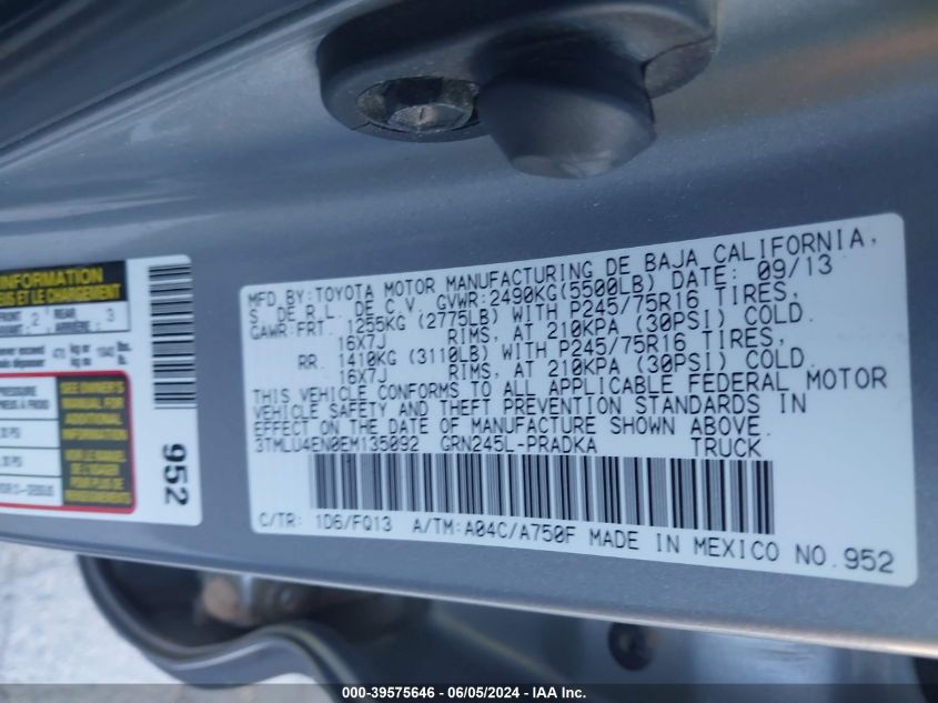 2014 Toyota Tacoma Base V6 VIN: 3TMLU4EN0EM135092 Lot: 39575646