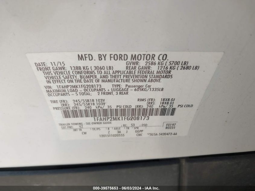 2015 Ford Police Interceptor VIN: 1FAHP2MK1FG208173 Lot: 39575653