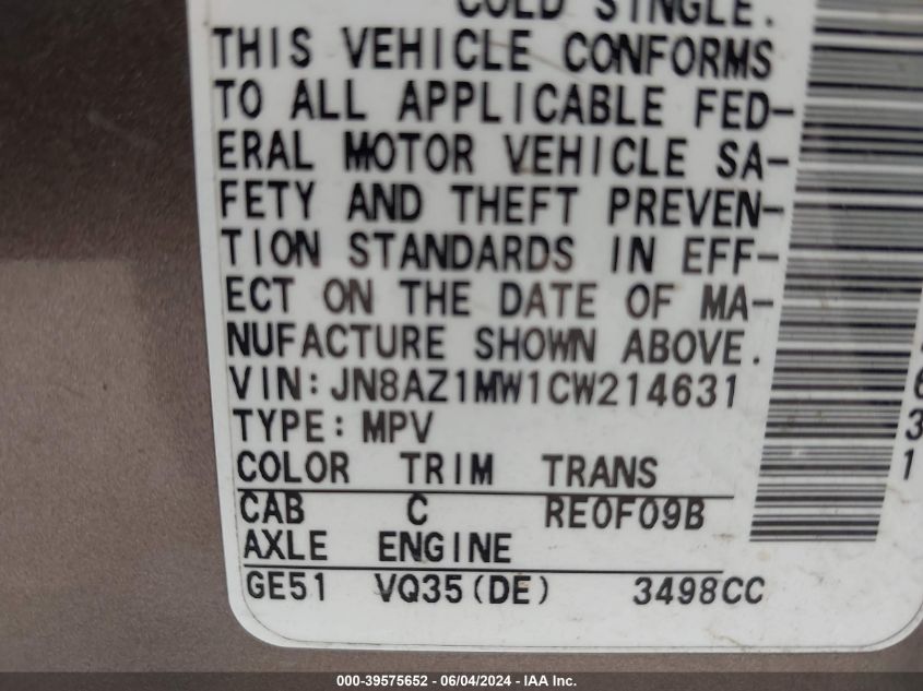 2012 Nissan Murano Sl VIN: JN8AZ1MW1CW214631 Lot: 39575652