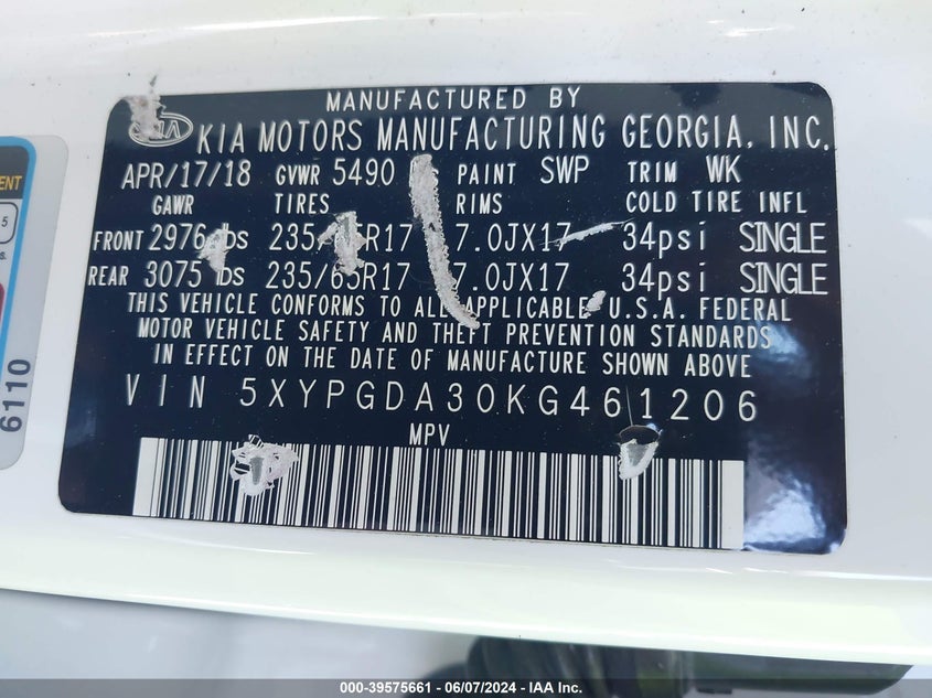 2019 Kia Sorento 2.4L Lx VIN: 5XYPGDA30KG461206 Lot: 39575661