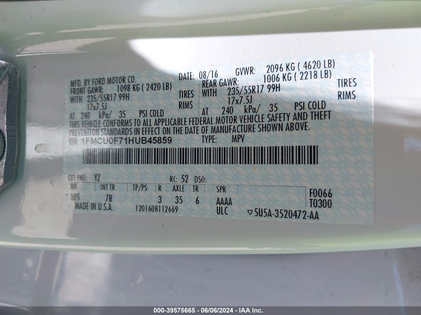 2017 Ford Escape S VIN: 1FMCU0F71HUB45859 Lot: 39575665