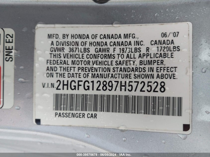 2007 Honda Civic Ex VIN: 2HGFG12897H572528 Lot: 39575678