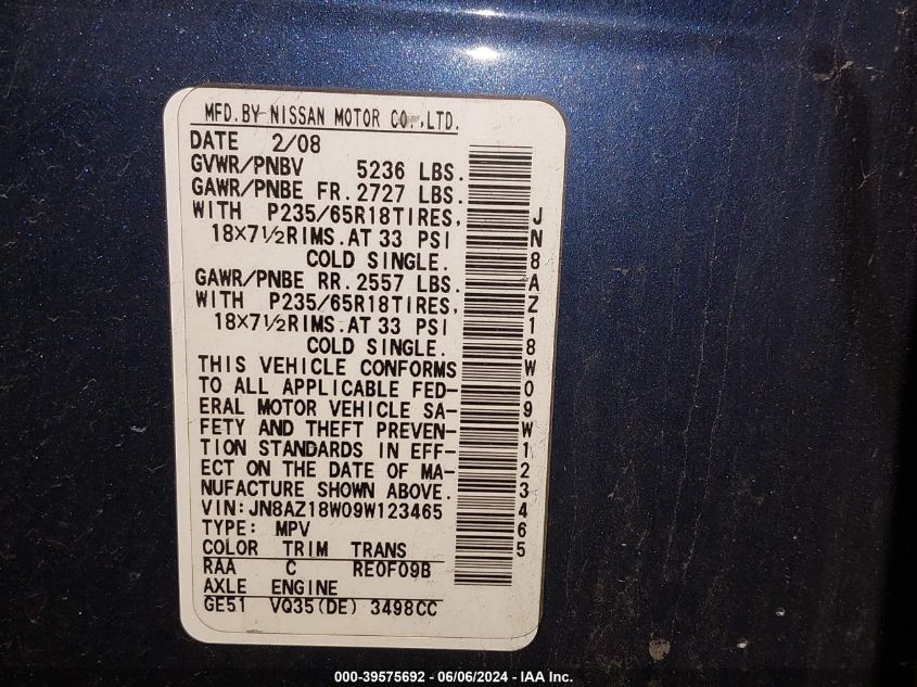 2009 Nissan Murano Sl VIN: JN8AZ18W09W123465 Lot: 39575692