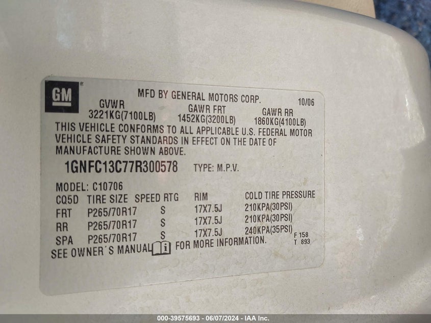 2007 Chevrolet Tahoe Ls VIN: 1GNFC13C77R300578 Lot: 39575693