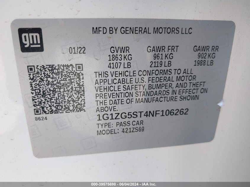 2022 Chevrolet Malibu Fwd Rs VIN: 1G1ZG5ST4NF106262 Lot: 39575698