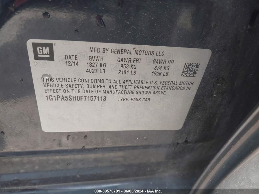 2015 Chevrolet Cruze Ls Auto VIN: 1G1PA5SH0F7157113 Lot: 39575701