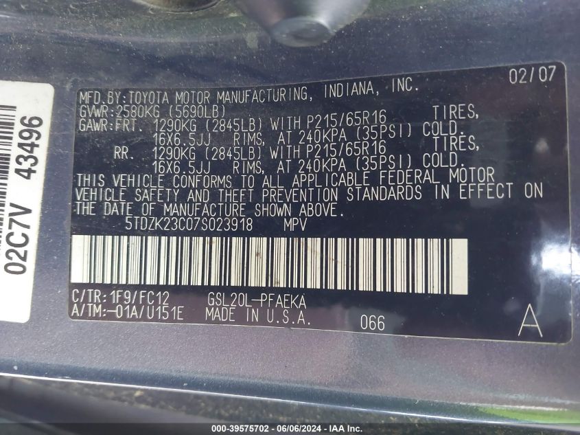 2007 Toyota Sienna Le VIN: 5TDZK23C07S023918 Lot: 39575702