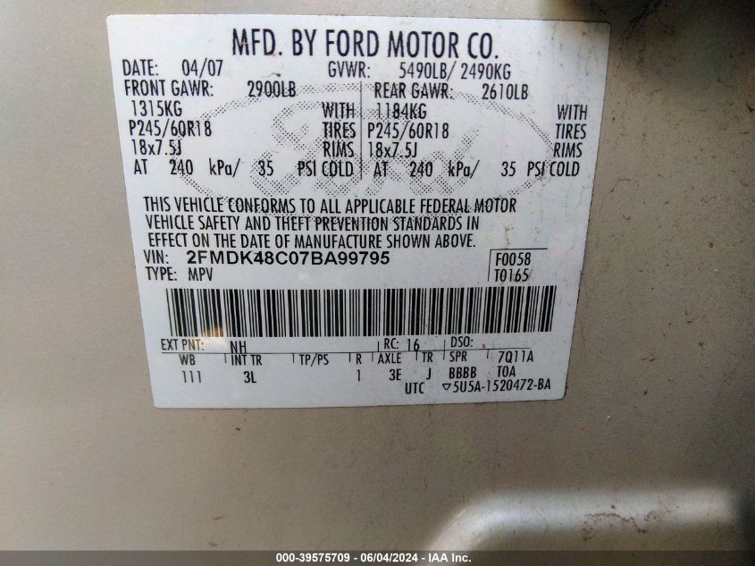 2007 Ford Edge Sel VIN: 2FMDK48C07BA99795 Lot: 39575709