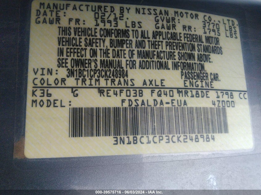 2012 Nissan Versa 1.8 S VIN: 3N1BC1CP3CK248984 Lot: 39575716