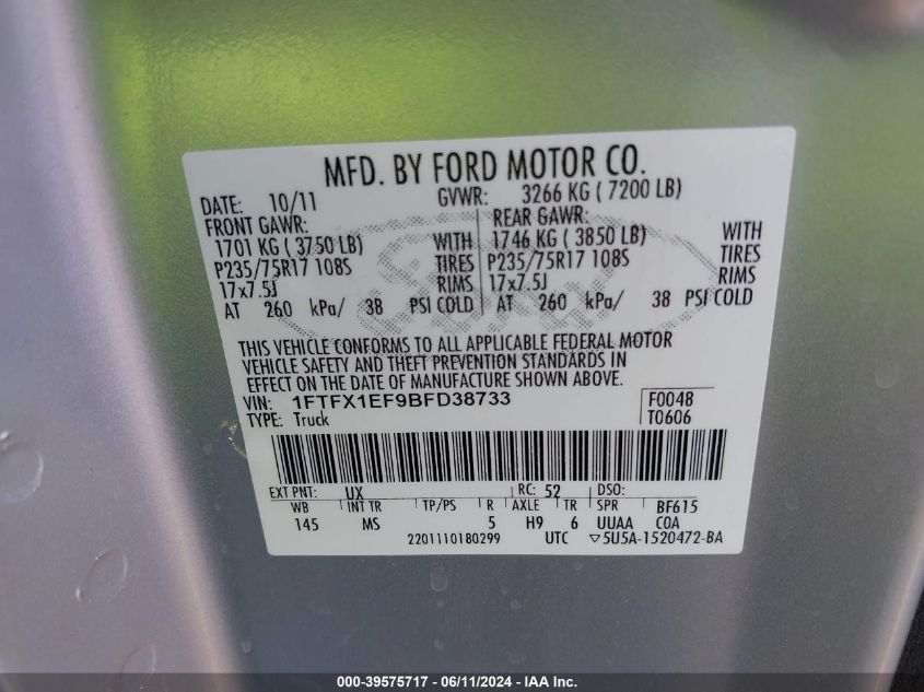 2011 Ford F-150 Xlt VIN: 1FTFX1EF9BFD38733 Lot: 39575717