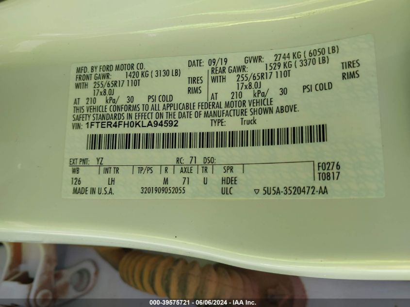 2019 Ford Ranger Xlt VIN: 1FTER4FH0KLA94592 Lot: 39575721