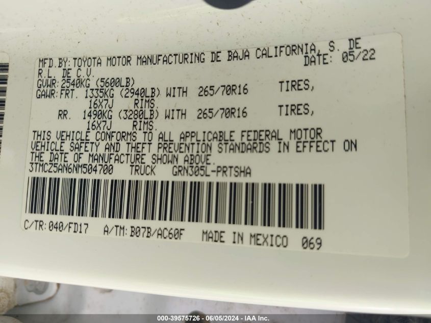 2022 Toyota Tacoma Trd Off Road VIN: 3TMCZ5AN6NM504700 Lot: 39575726