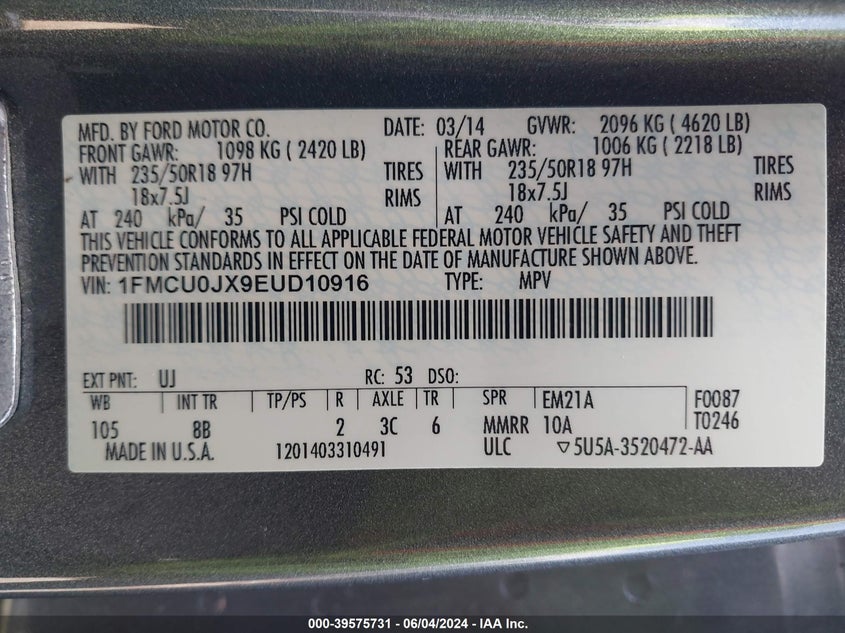 2014 Ford Escape Titanium VIN: 1FMCU0JX9EUD10916 Lot: 39575731