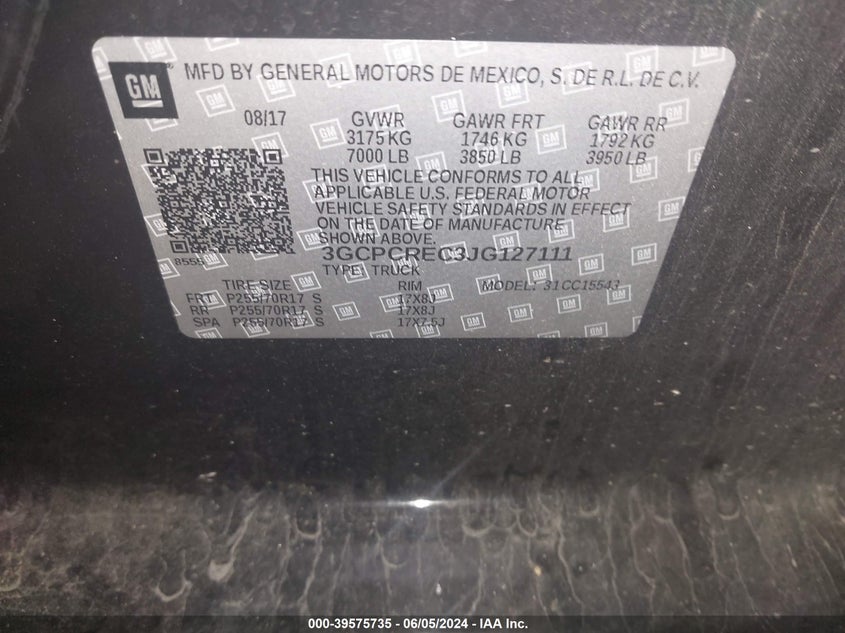 2018 Chevrolet Silverado 1500 1Lt VIN: 3GCPCREC3JG127111 Lot: 39575735