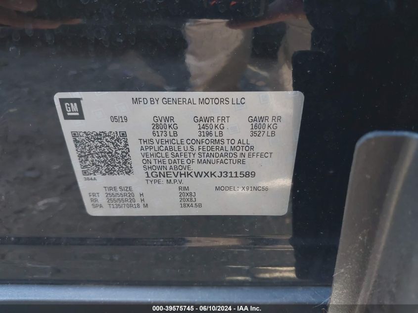 2019 Chevrolet Traverse 3Lt VIN: 1GNEVHKWXKJ311589 Lot: 39575745