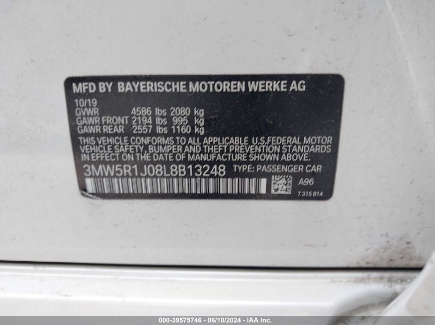 2020 BMW 330I VIN: 3MW5R1J08L8B13248 Lot: 39575746