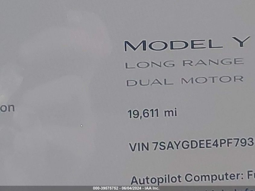 2023 Tesla Model Y Awd/Long Range Dual Motor All-Wheel Drive VIN: 7SAYGDEE4PF793554 Lot: 39575752