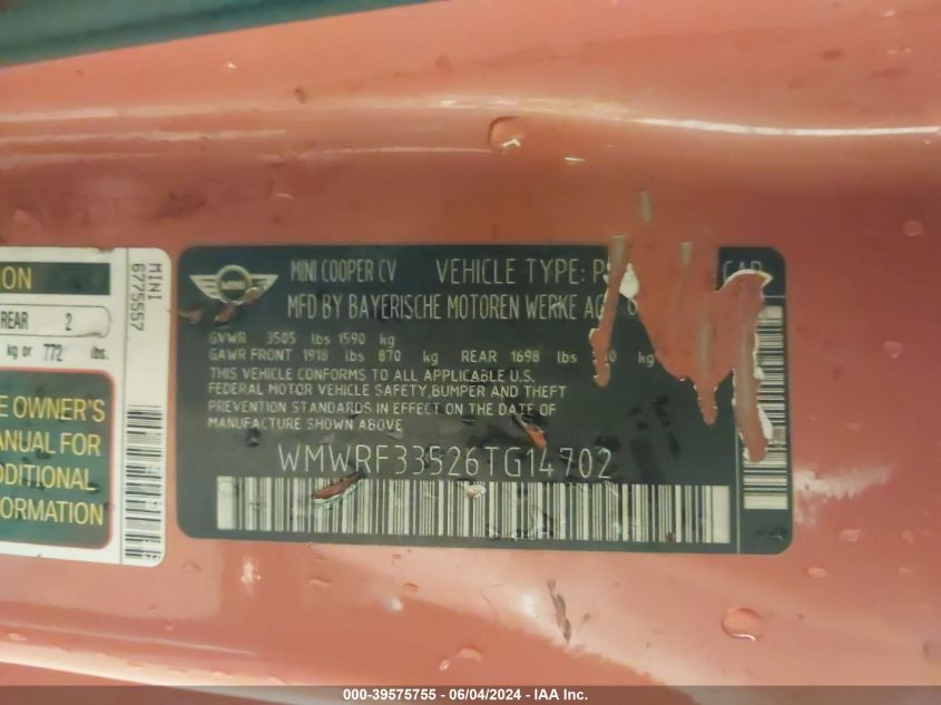 2006 Mini Cooper VIN: WMWRF33526TG14702 Lot: 39575755