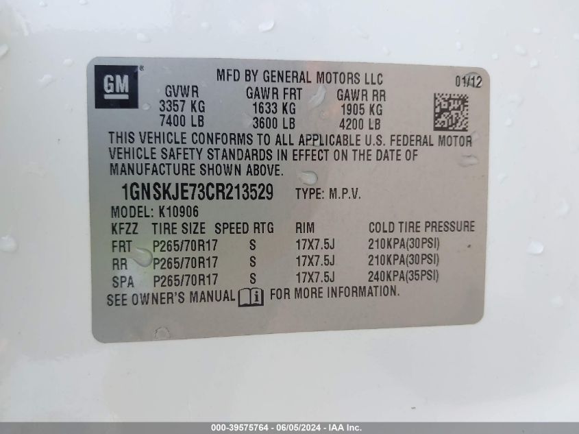 2012 Chevrolet Suburban 1500 Lt VIN: 1GNSKJE73CR213529 Lot: 39575764