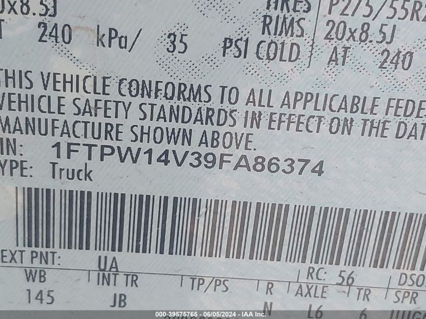 2009 Ford F150 Supercrew VIN: 1FTPW14V39FA86374 Lot: 39575765