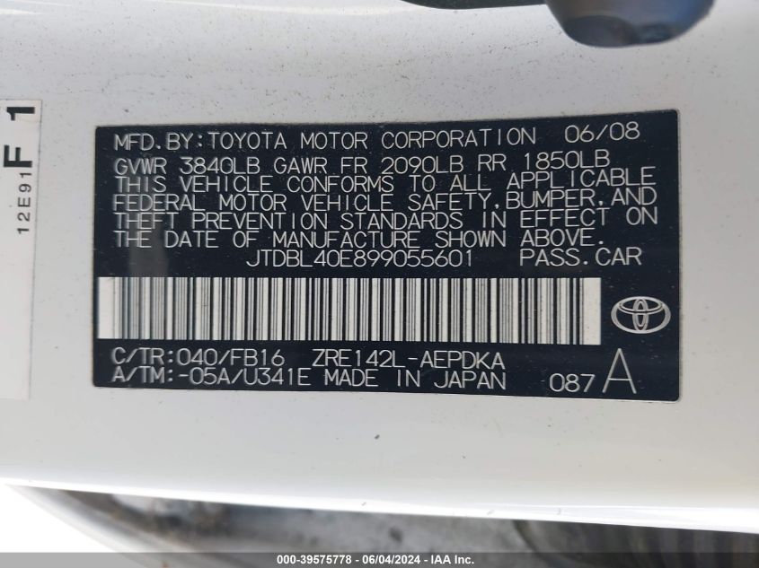 2009 Toyota Corolla Le VIN: JTDBL40E899055601 Lot: 39575778