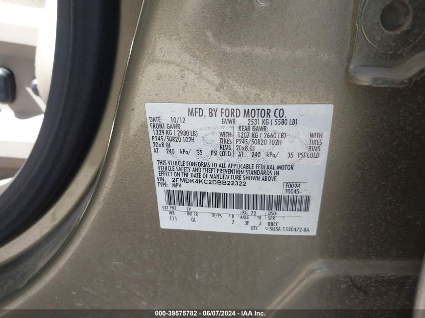 2013 Ford Edge Limited VIN: 2FMDK4KC2DBB22322 Lot: 39575782