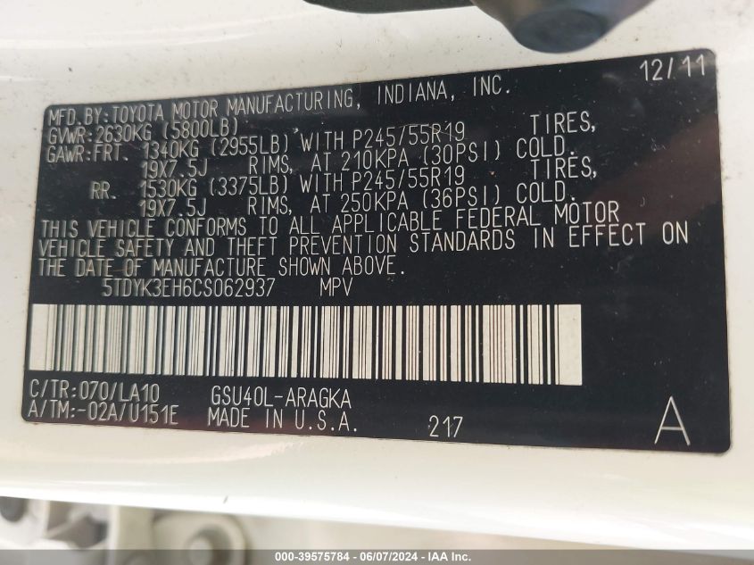 2012 Toyota Highlander Limited V6 VIN: 5TDYK3EH6CS062937 Lot: 39575784