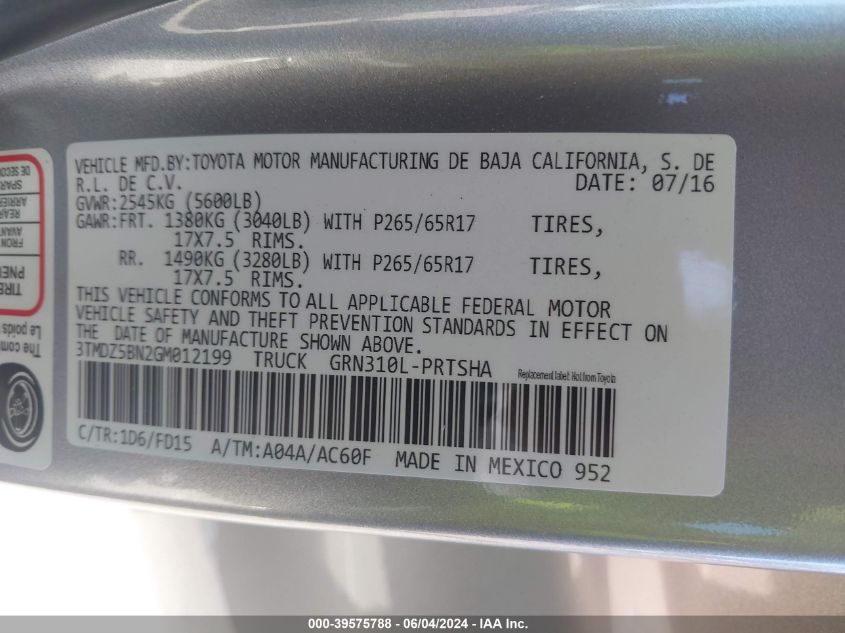 2016 Toyota Tacoma VIN: 3TMDZ5BN2GM012199 Lot: 39575788