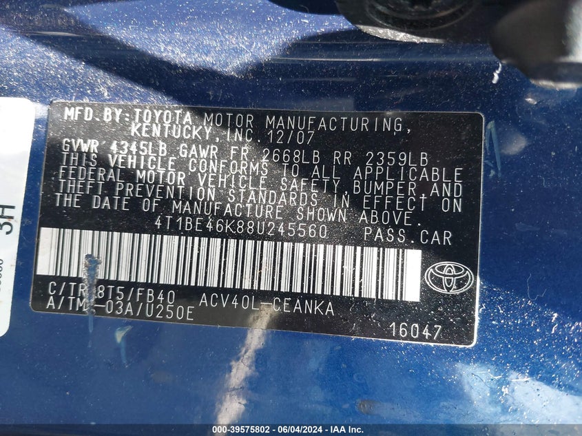 2008 Toyota Camry VIN: 4T1BE46K88U245560 Lot: 39575802